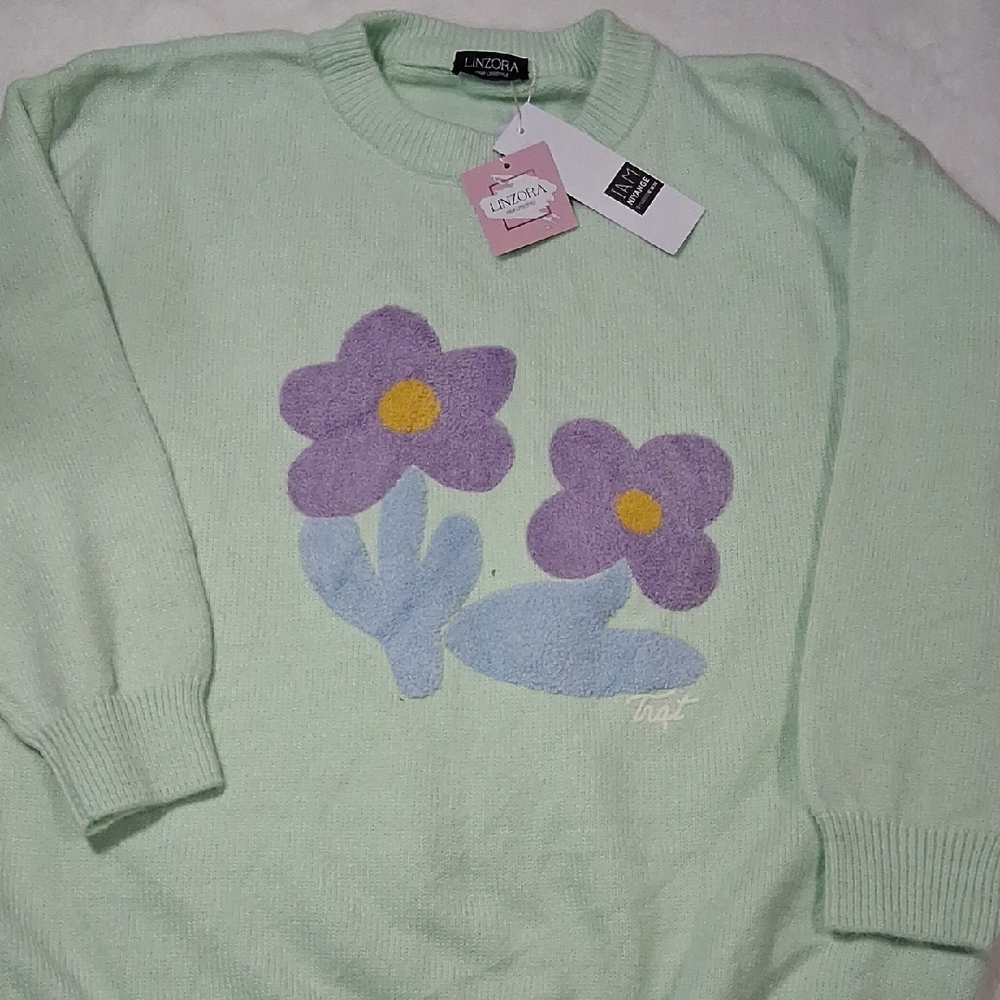 Mint Green Sweater with Purple Floral Design
